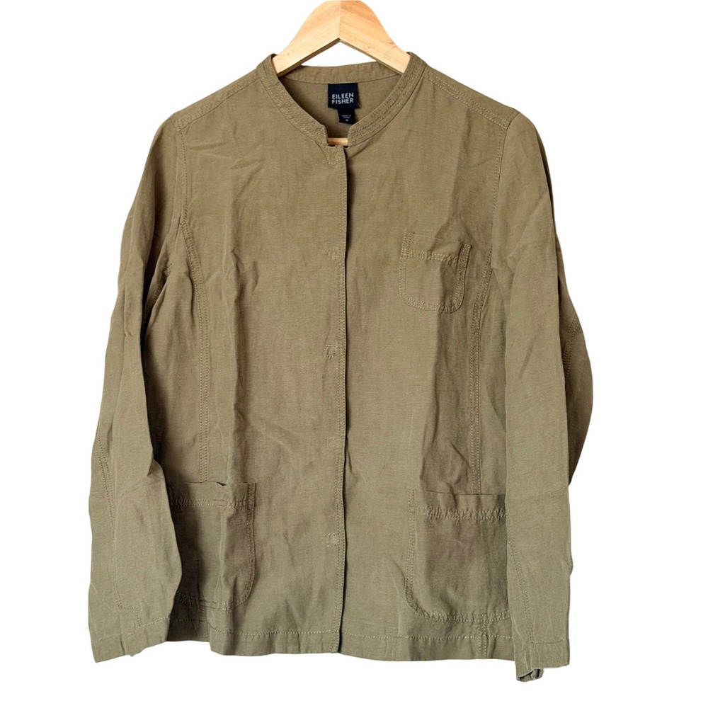 Eileen Fisher Silk Linen Jacket Olive Green Mandarin Collar Womens Medium